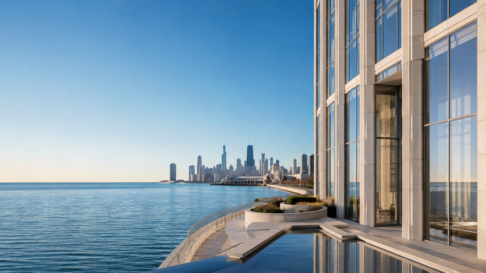 Chicago skyline and Lake Michigan from a modern lakefront terrace
